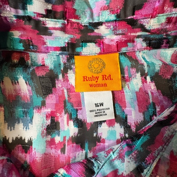 Ruby Rd. Woman Button Front Blouse 16W Multicolor Ikat Print Roll Tab Sleeve 148 - Picture 8 of 9